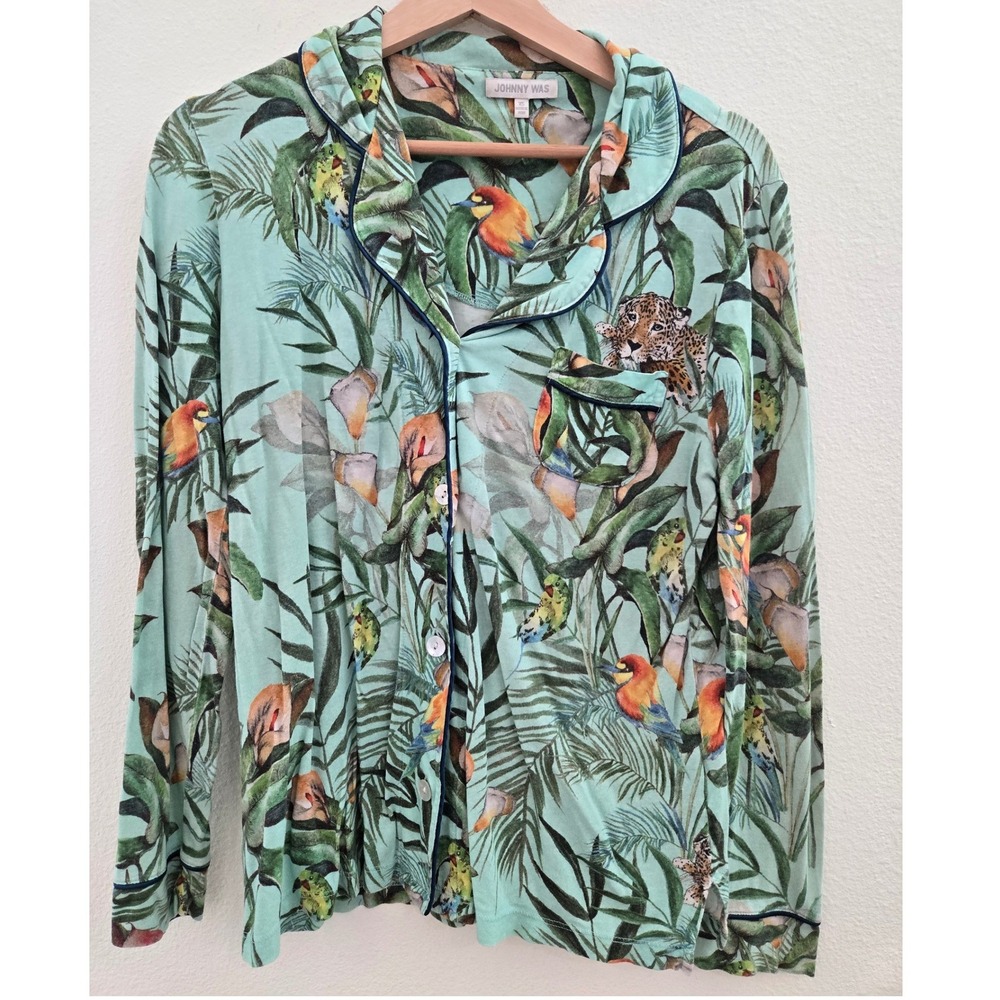 Johnny Was Tropical Jungle Leopard Bird Pajama Top Mint Green XS Pima Cotton